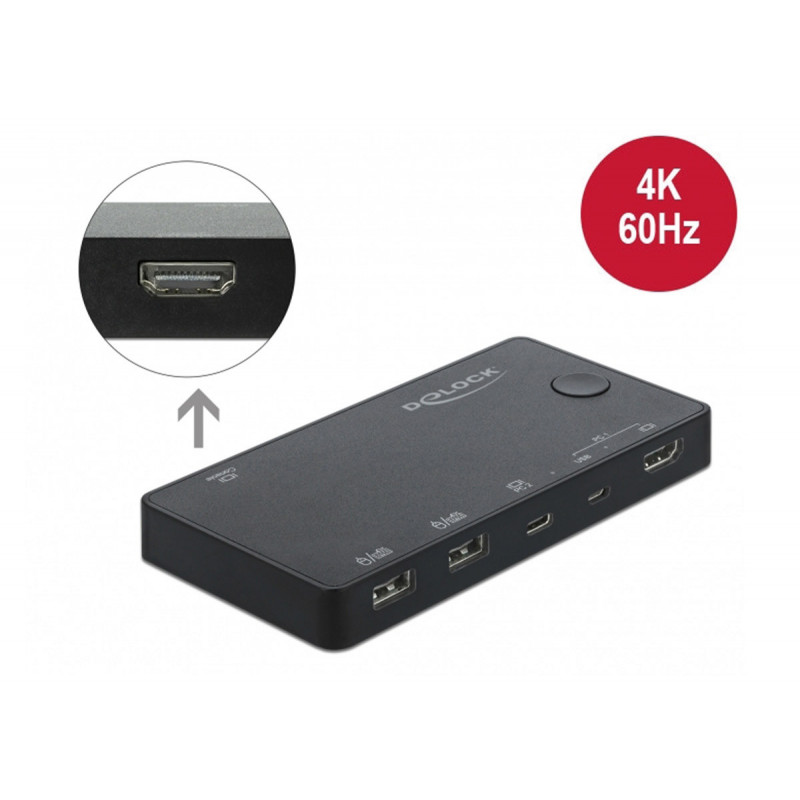 Delock Commutateur KVM HDMI / USB-C 4K 60 Hz avec USB 2.0