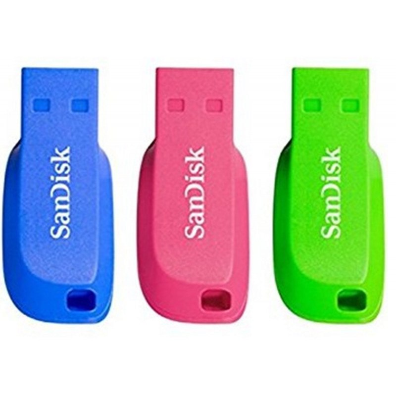 SanDisk Pack 3 Clés USB 2.0 couleur Cruzer Blade 16Go Bleu Rose Vert