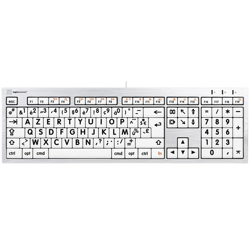 Logickeyboard Clavier XL Print-Lettre Noire fond Blanc-Mac ALBA Alu