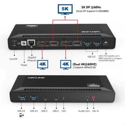 WaveLink Dock USB type C vers 4*USB3.1 Gen1 type A 2*USB-C 2*DP 4K