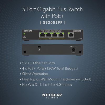 Switch RJ45 Netgear GS305EP-100PES Gigabit 5 Ports dont 4 PoE+
