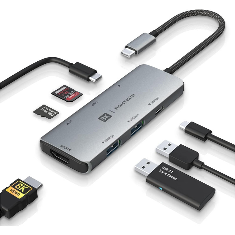 RSHTECH Hub USB C 7 en 1 Alu adaptateur USB-C HUB HDMI 8K