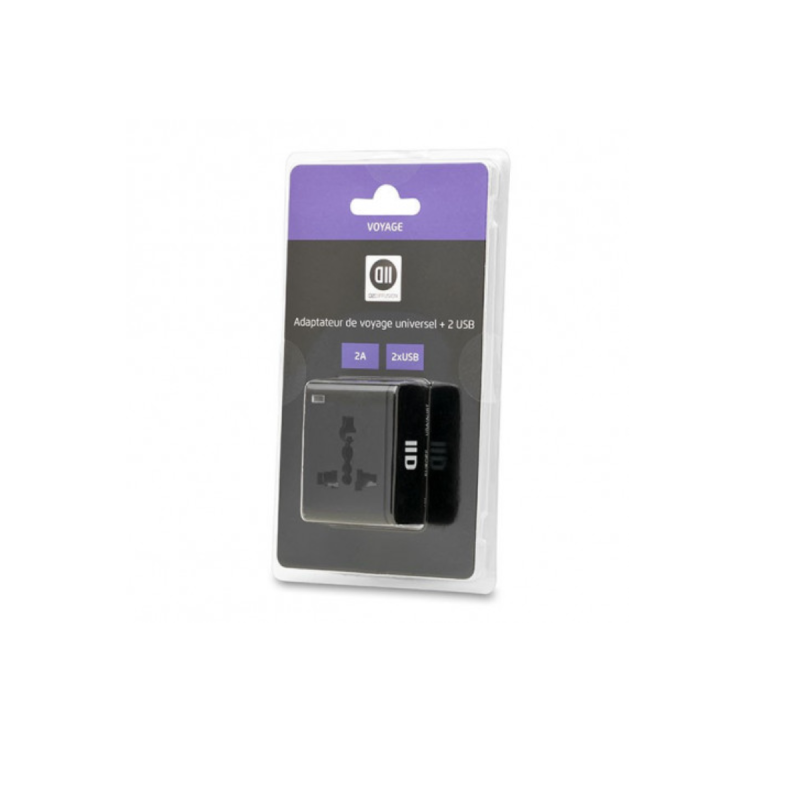 D2 DIFFUSION Adaptateur multi pays 2USB 2A noir